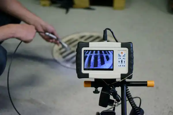 A person uses an inspection camera to view the inside of a drain. The camera's display shows the interior of the drain with visible grates.