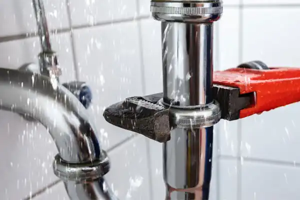 A wrench is tightening a leaking chrome pipe, causing water to spray in a bathroom with tiled walls.
