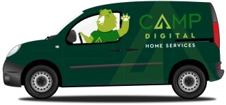 Green van with "Camp Digital Home Services" logo and a friendly cartoon bear waving from the driver's window.