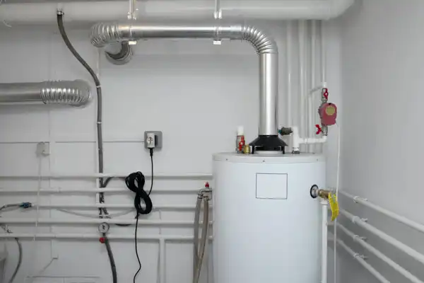 A modern boiler system with pipes and vents connected, installed in a utility room with white walls.