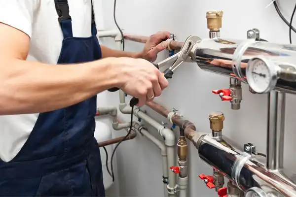 Person in overalls uses a wrench to adjust plumbing pipes and valves on a wall.