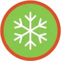 A white snowflake symbol on a green background with a red border.