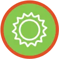 Icon of a sun with rays in white on a green background, bordered by a red circle.