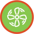 A white fan icon with four blades on a green circular background, bordered by an orange circle.