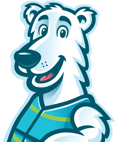 Cartoon polar bear with a friendly expression, wearing a blue and green-striped vest.