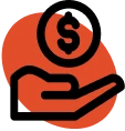 Icon of a hand holding a dollar coin on an orange background.