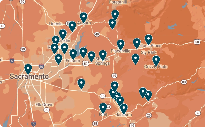 A map of the Sacramento area with multiple location pins marking various towns and cities, including Placerville, Auburn, Jackson, and Ione.