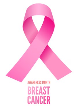 A pink ribbon symbolizing breast cancer awareness, with the text "Awareness Month Breast Cancer" below it.