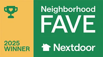 Green and yellow badge displaying "Neighborhood FAVE," "2025 WINNER," and the Nextdoor logo with a house icon and trophy graphic.